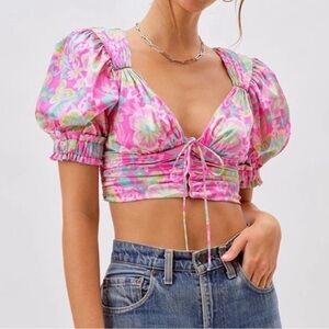 EUC For Love & Lemons Julien Floral Pink Women's Crop Top Size Women’s Small (S)